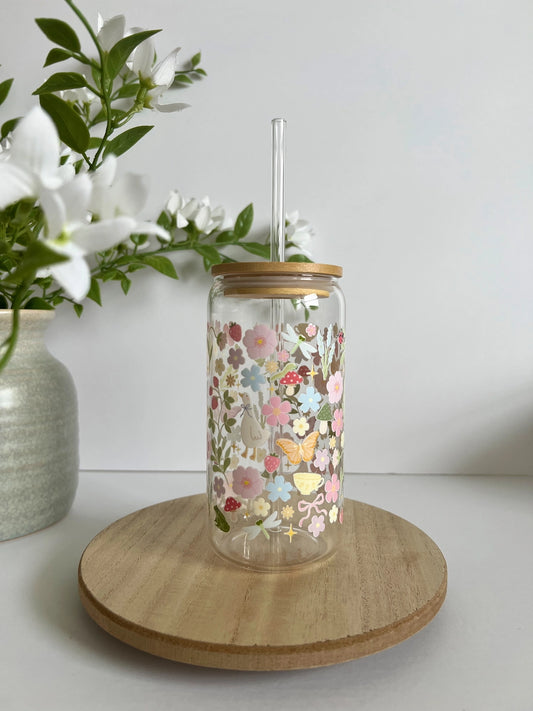 Cottage Core Can Glass, Spring Garden Iced Coffee Glass