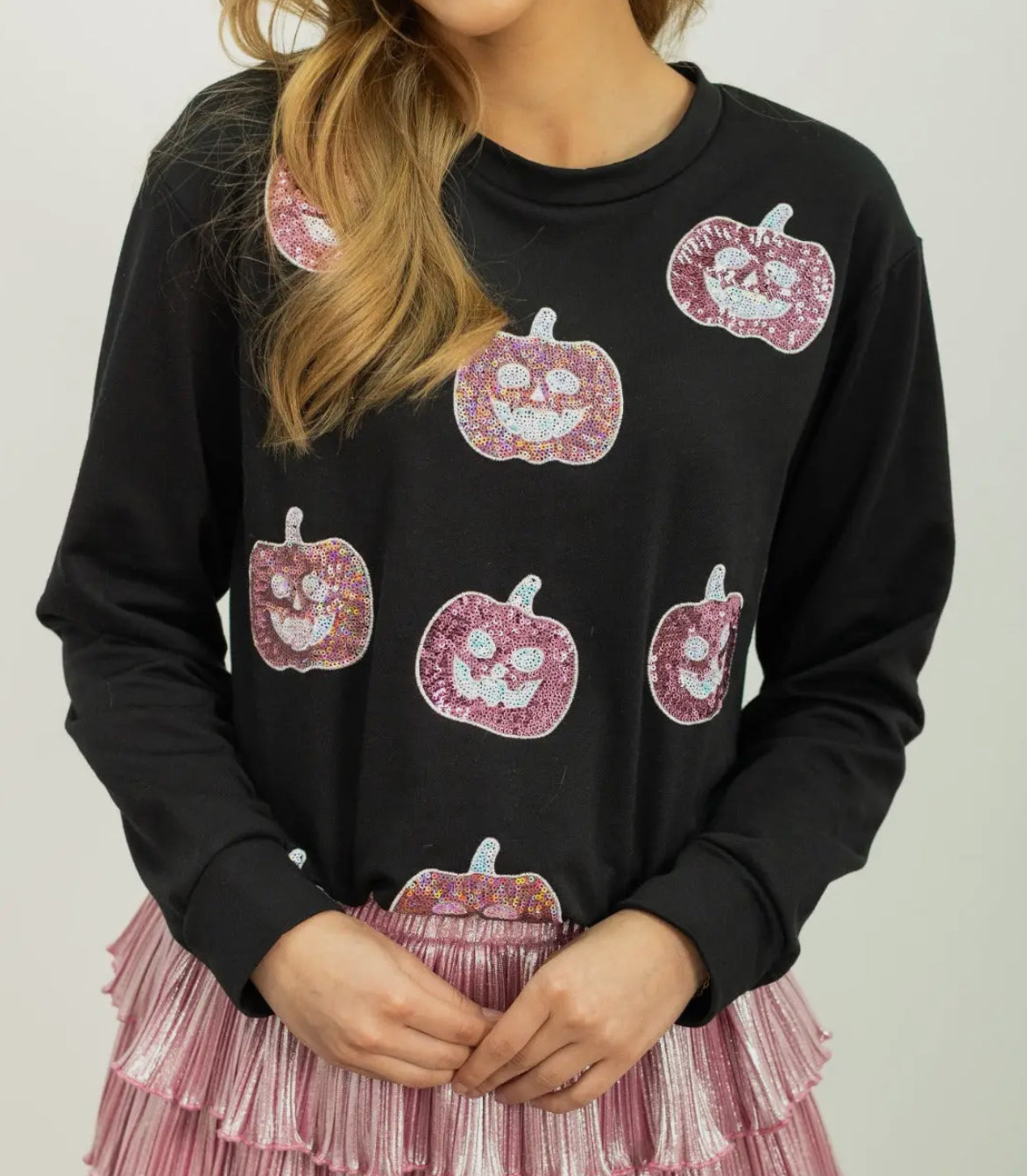 Glitter Pumpkins On Black Long Sleeve Shirt