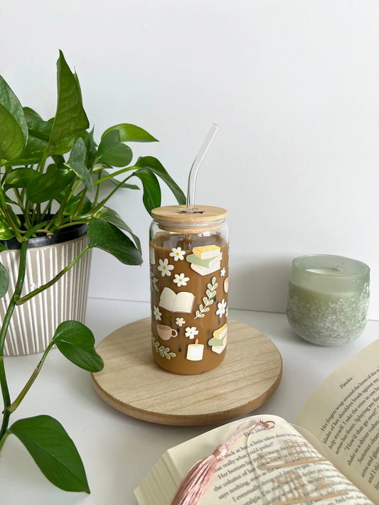 Coffee and Books Can Glass, Book Lover Iced Coffee Glass