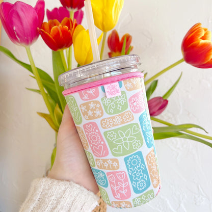 Coffee Cup Cover - Blocked Floral - Iced Coffee Sleeve 16 ounce