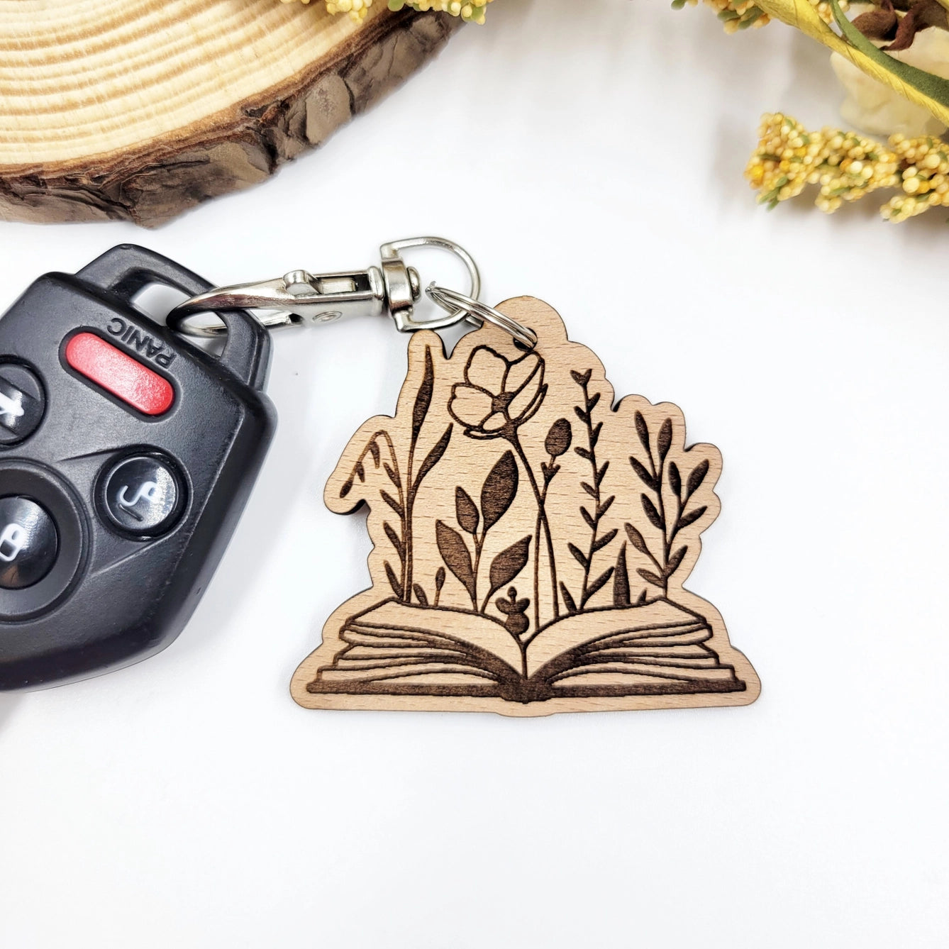 Floral Wood Book Keychain