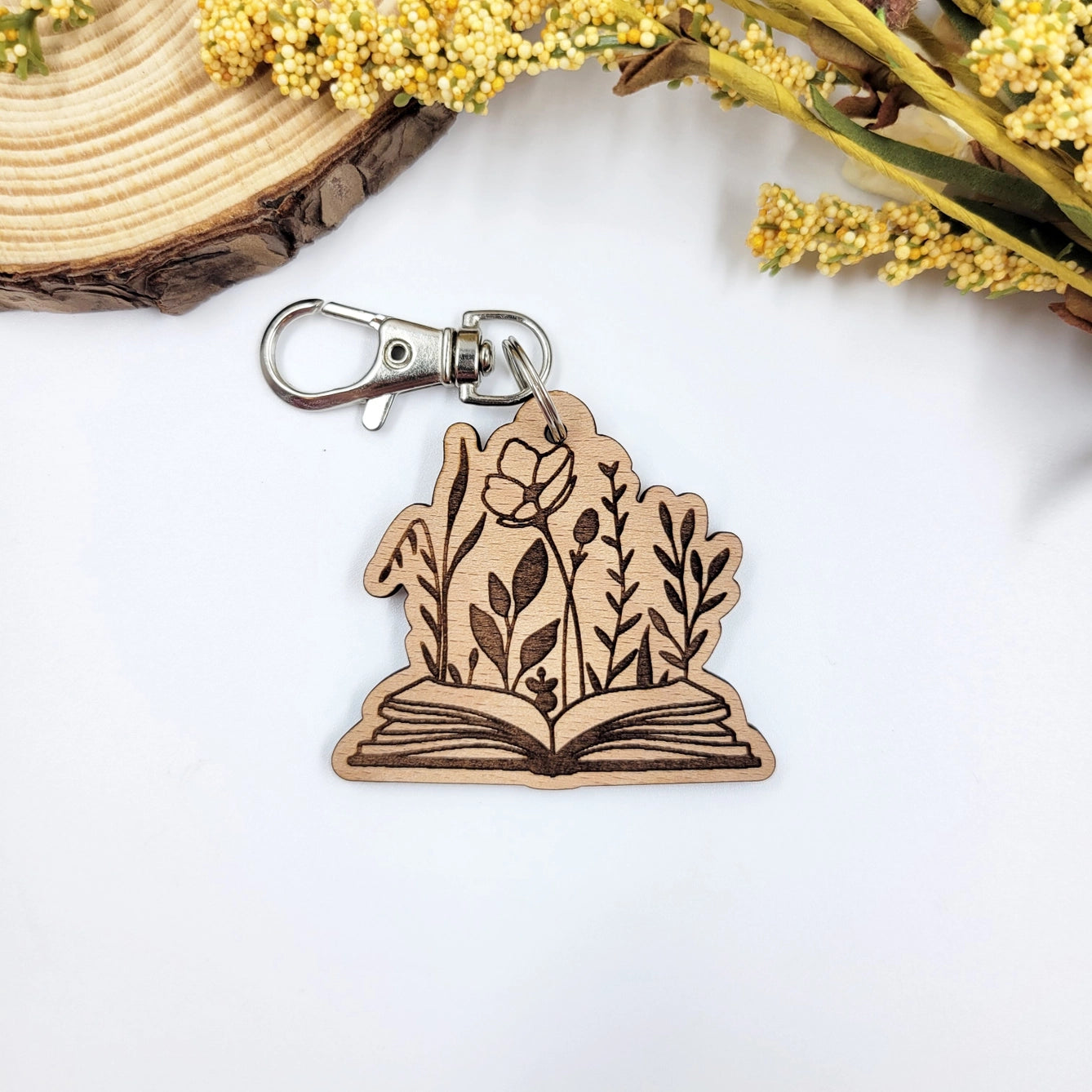 Floral Wood Book Keychain