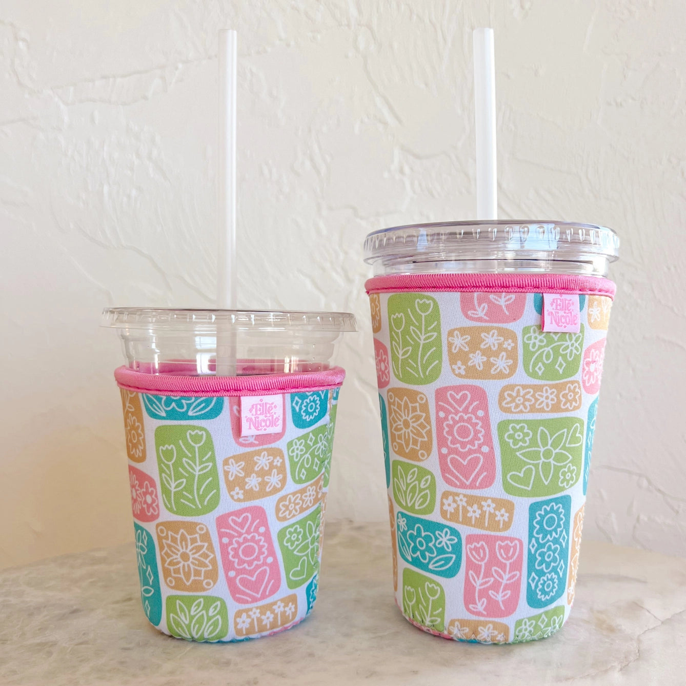 Coffee Cup Cover - Blocked Floral - Iced Coffee Sleeve 16 ounce