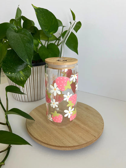 Strawberry Floral Iced Coffee Glass, Summer Strawberry Glass | SOLD OUT