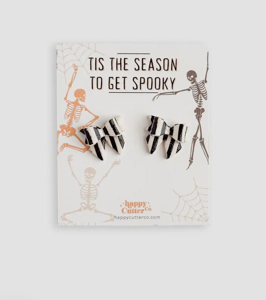 Black and White Striped Bow Halloween Earrings