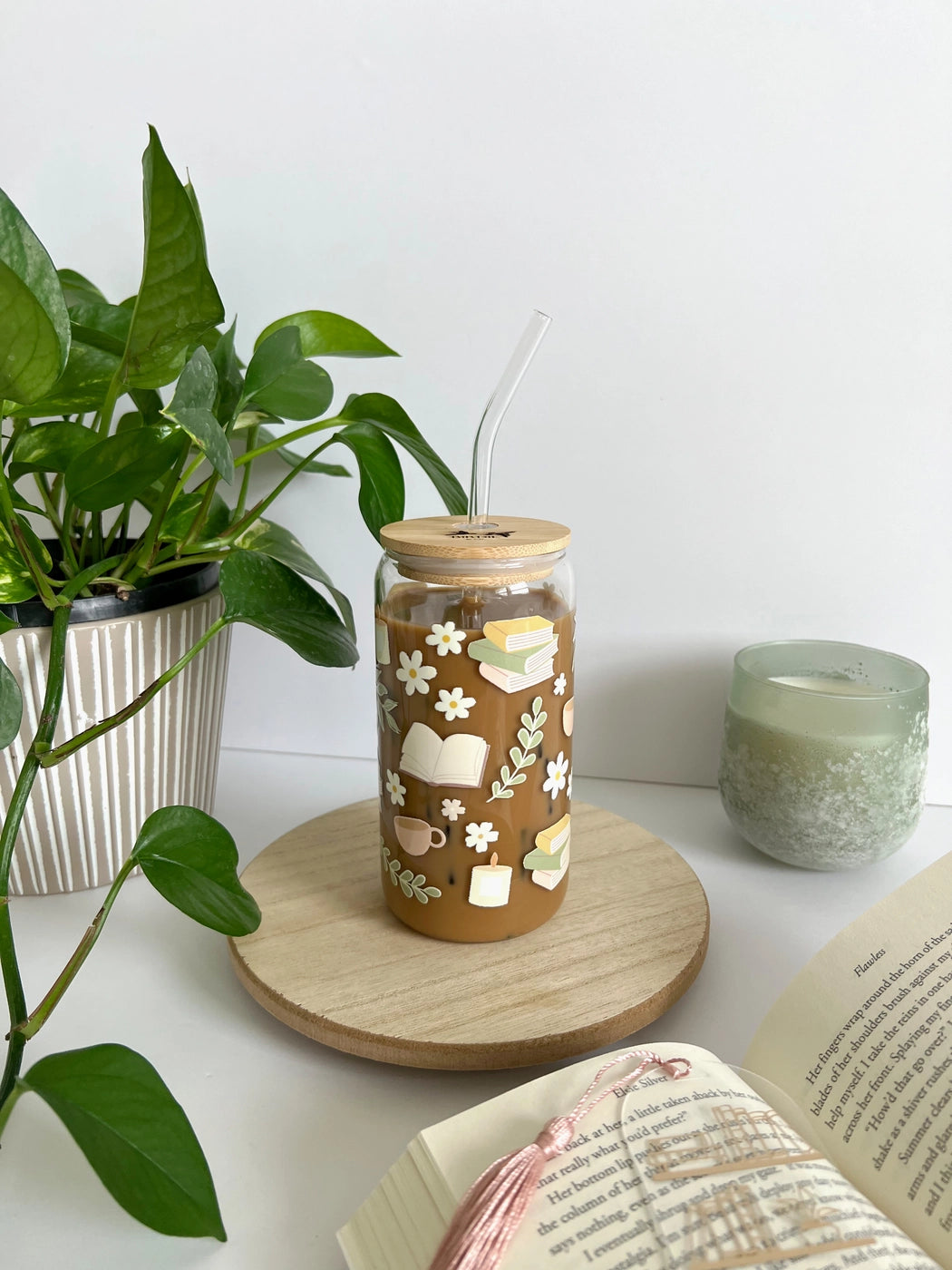 Coffee and Books Can Glass, Book Lover Iced Coffee Glass