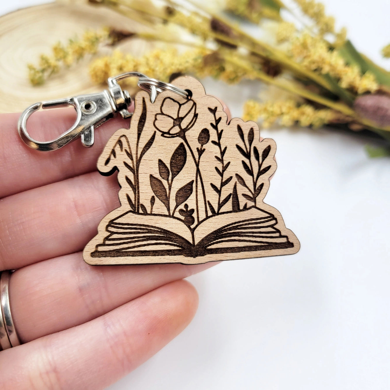 Floral Wood Book Keychain